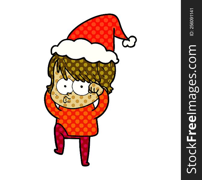 hand drawn comic book style illustration of a woman wearing santa hat