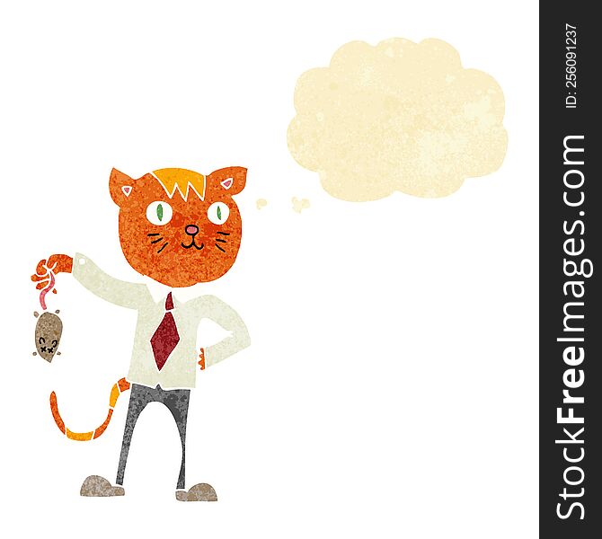 cartoon business cat with dead mouse with thought bubble