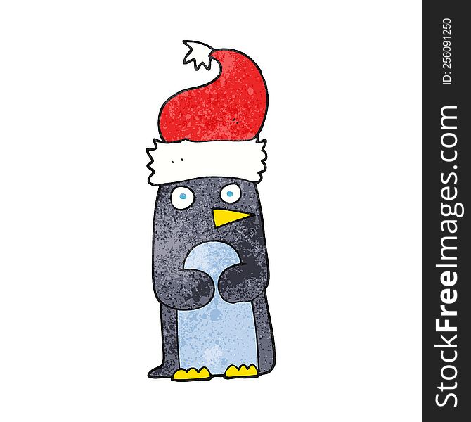 freehand textured cartoon penguin in christmas hat
