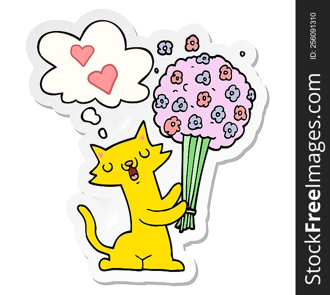 Cartoon Cat In Love With Flowers And Thought Bubble As A Printed Sticker