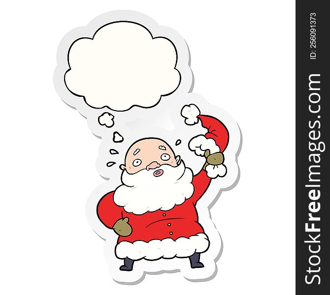 cartoon santa claus waving hat and thought bubble as a printed sticker