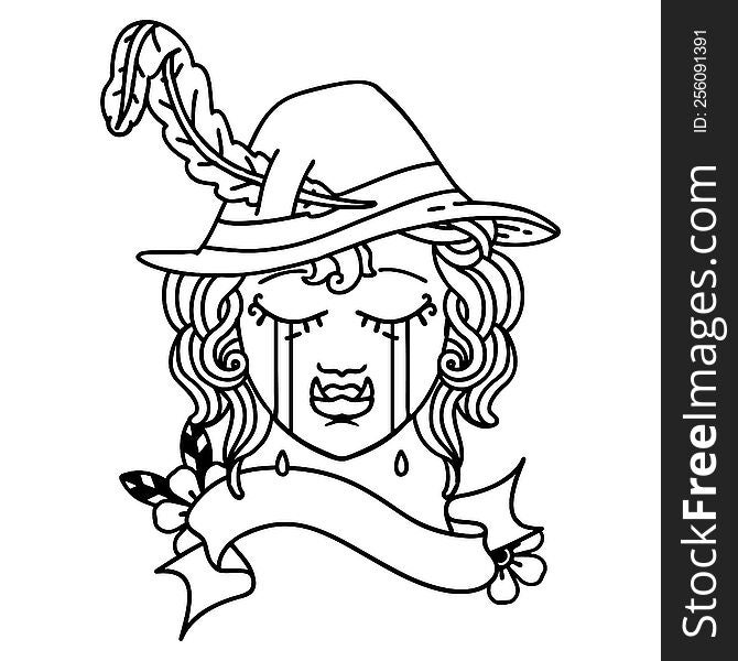 Black and White Tattoo linework Style crying half orc bard character face. Black and White Tattoo linework Style crying half orc bard character face