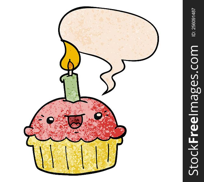 cartoon cupcake and candle and speech bubble in retro texture style