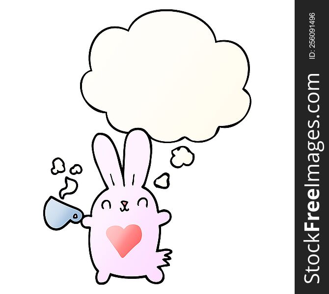 cute cartoon rabbit with love heart and coffee cup and thought bubble in smooth gradient style