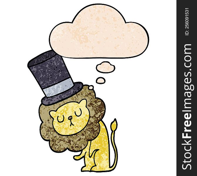 Cute Cartoon Lion Wearing Top Hat And Thought Bubble In Grunge Texture Pattern Style