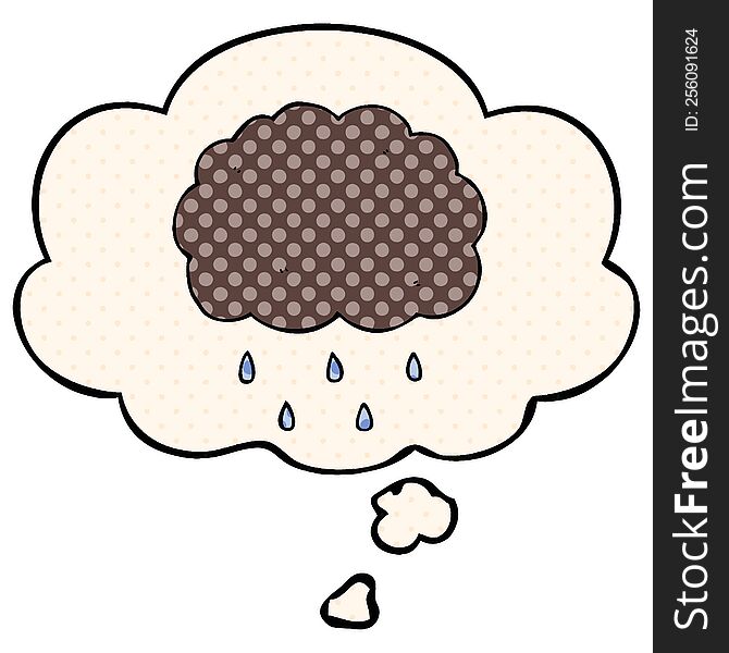 cartoon cloud raining with thought bubble in comic book style