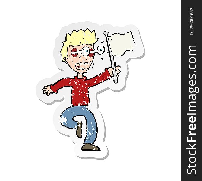 Retro Distressed Sticker Of A Cartoon Frightened Boy Giving Up