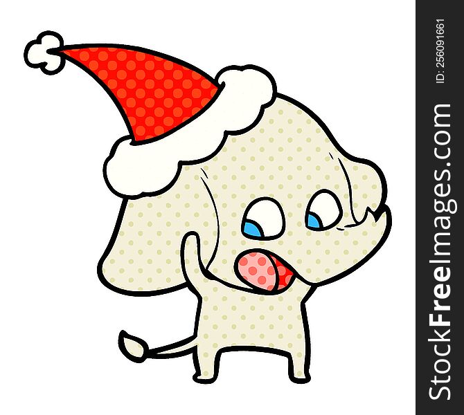 Cute Comic Book Style Illustration Of A Elephant Wearing Santa Hat