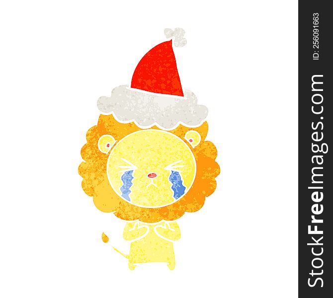 Retro Cartoon Of A Crying Lion Wearing Santa Hat