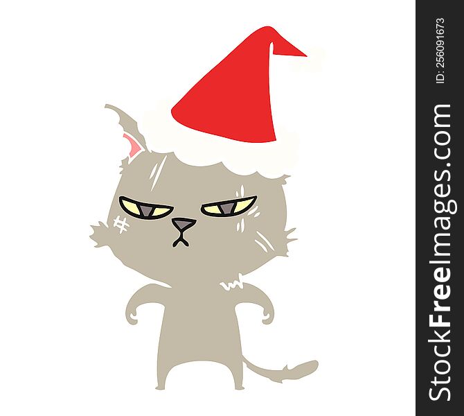 tough hand drawn flat color illustration of a cat wearing santa hat. tough hand drawn flat color illustration of a cat wearing santa hat