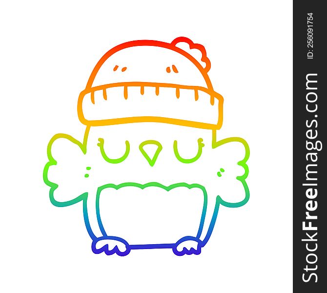 Rainbow Gradient Line Drawing Cute Cartoon Owl In Hat