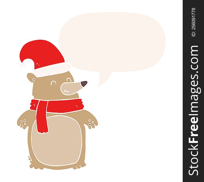 Cartoon Christmas Bear And Speech Bubble In Retro Style