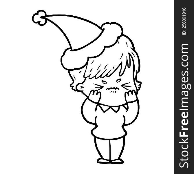 hand drawn line drawing of a frustrated woman wearing santa hat