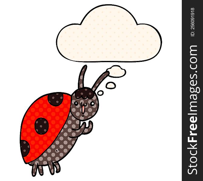 Cute Cartoon Ladybug And Thought Bubble In Comic Book Style