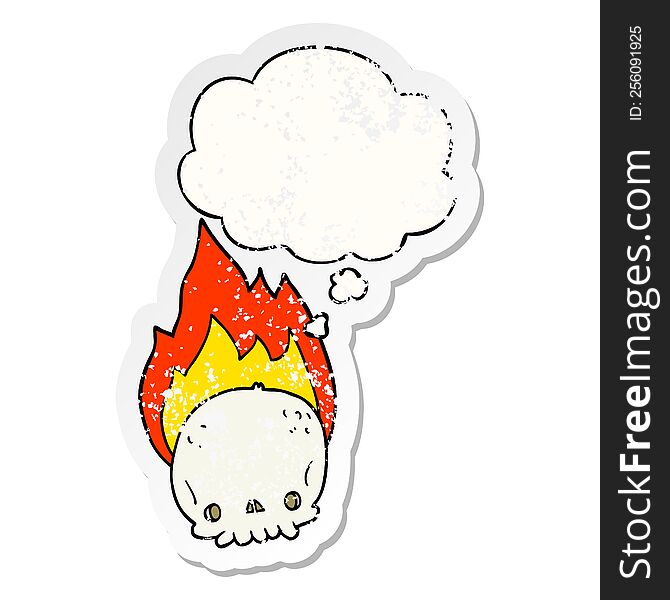 spooky cartoon flaming skull with thought bubble as a distressed worn sticker