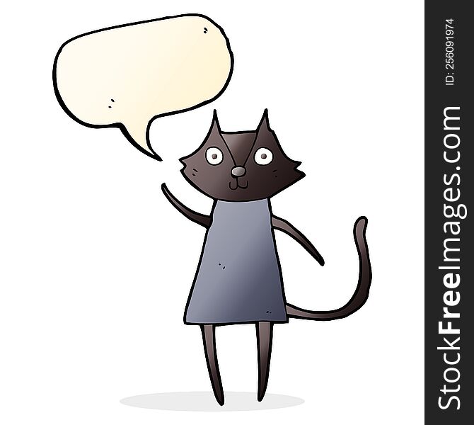 Cute Cartoon Black Cat Waving With Speech Bubble