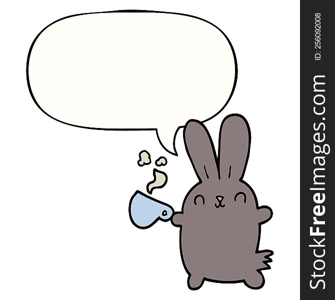 Cute Cartoon Rabbit And Coffee Cup And Speech Bubble