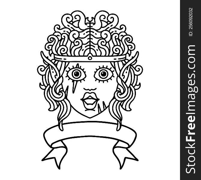 Black and White Tattoo linework Style elf barbarian character face with banner. Black and White Tattoo linework Style elf barbarian character face with banner