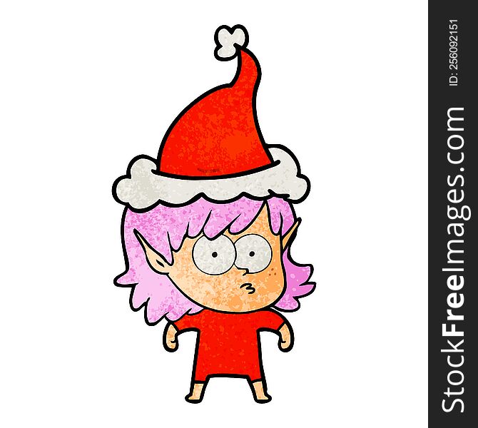 hand drawn textured cartoon of a elf girl staring wearing santa hat