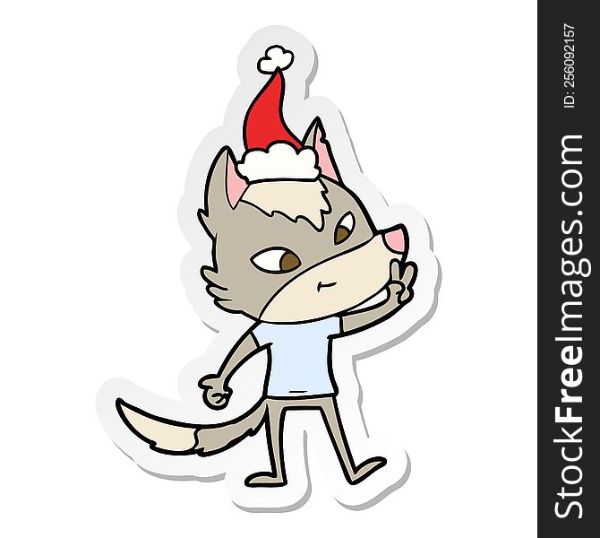 Friendly Sticker Cartoon Of A Wolf Giving Peace Sign Wearing Santa Hat