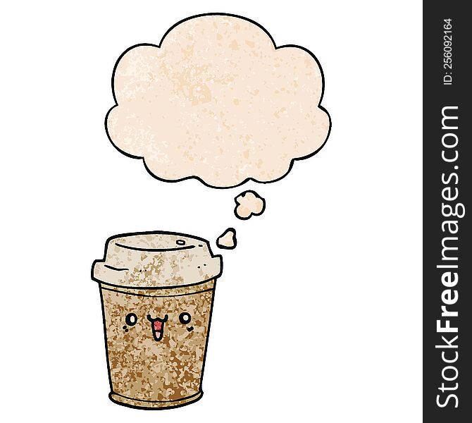 Cartoon Take Out Coffee And Thought Bubble In Grunge Texture Pattern Style
