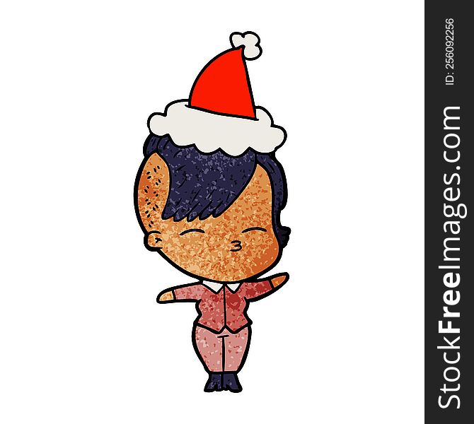 Textured Cartoon Of A Squinting Girl Wearing Santa Hat