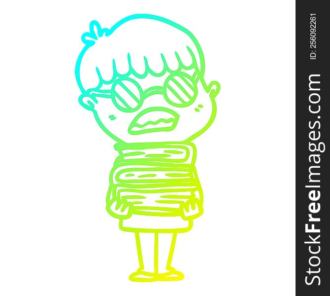 cold gradient line drawing of a cartoon boy with books wearing spectacles