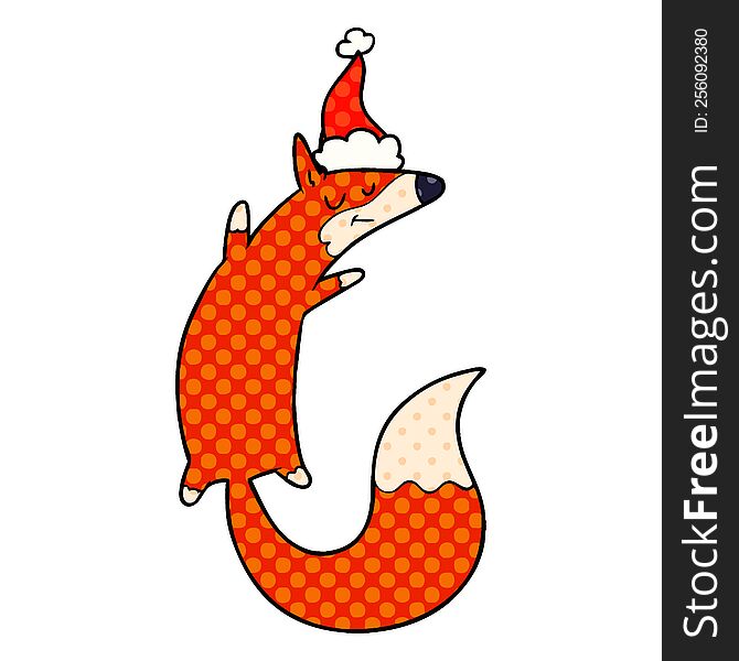 hand drawn comic book style illustration of a jumping fox wearing santa hat