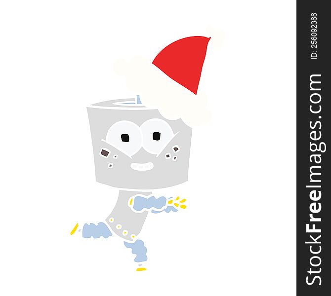 happy hand drawn flat color illustration of a robot wearing santa hat. happy hand drawn flat color illustration of a robot wearing santa hat