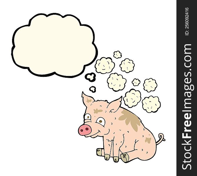 cartoon smelly pig with thought bubble