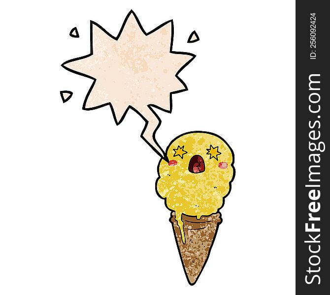 cartoon shocked ice cream with speech bubble in retro texture style