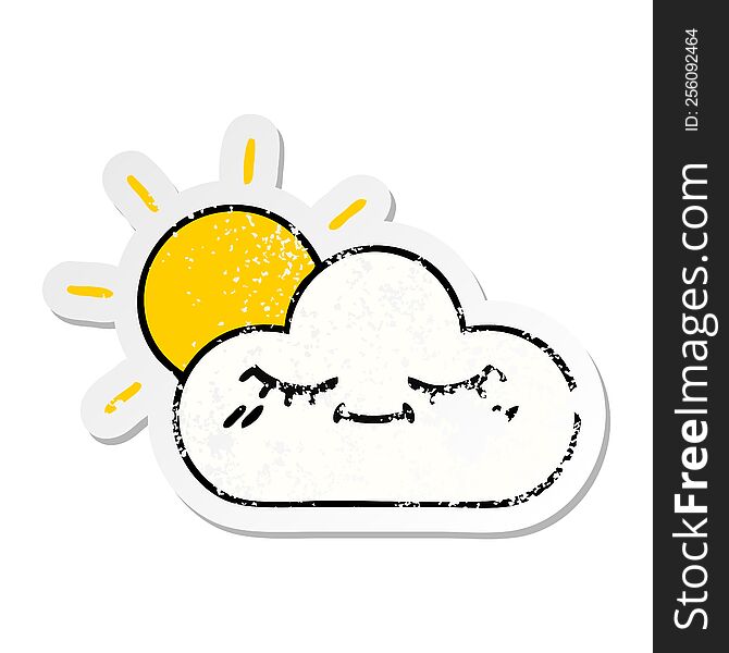 distressed sticker of a cute cartoon sunshine and cloud