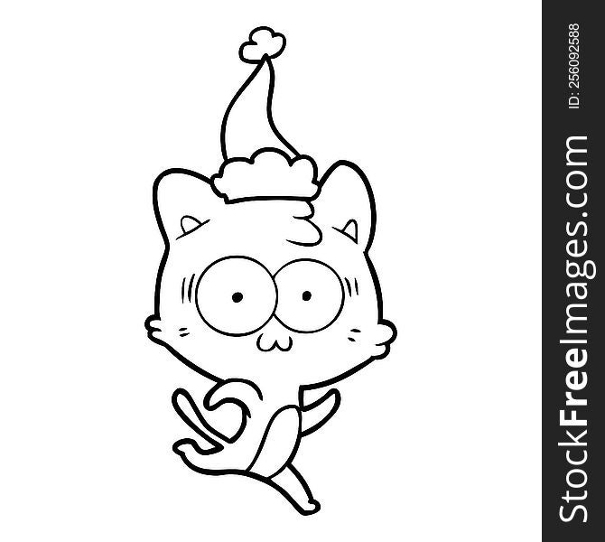 Line Drawing Of A Surprised Cat Running Wearing Santa Hat