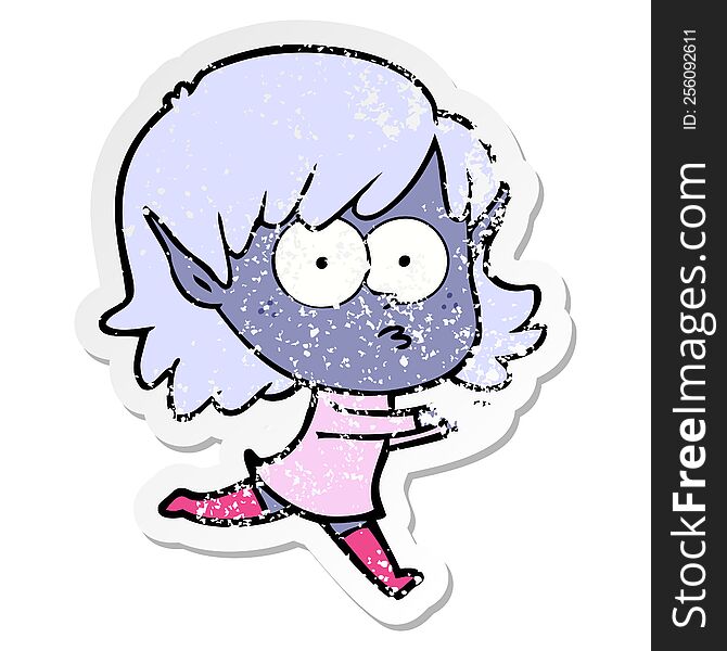 distressed sticker of a cartoon elf girl staring