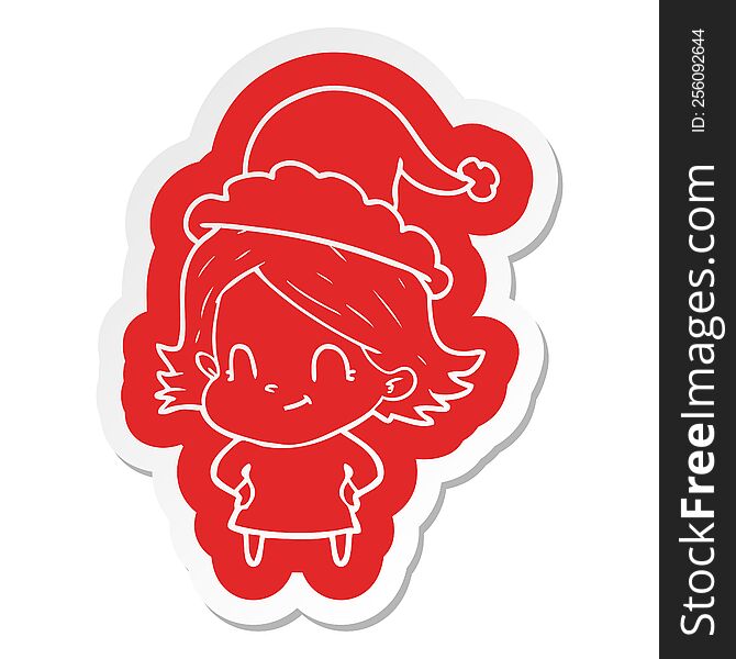 Cartoon  Sticker Of A Friendly Girl Wearing Santa Hat