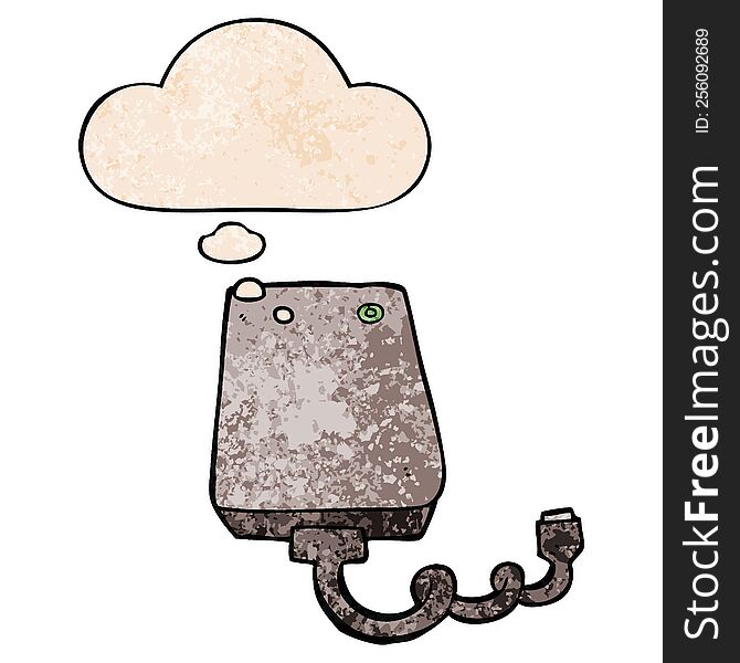 cartoon hard drive and thought bubble in grunge texture pattern style