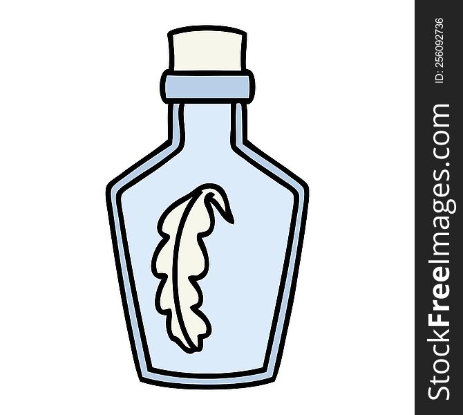 cartoon of a magical feather sealed in a glass bottle. cartoon of a magical feather sealed in a glass bottle