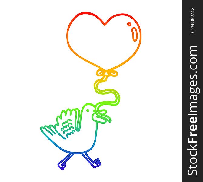 rainbow gradient line drawing of a cartoon bird with heart balloon