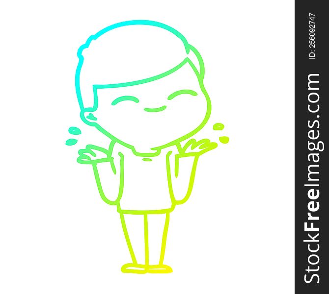Cold Gradient Line Drawing Cartoon Smiling Boy Shrugging Shoulders