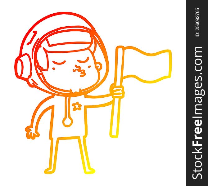 Warm Gradient Line Drawing Cartoon Confident Astronaut Waving Flag