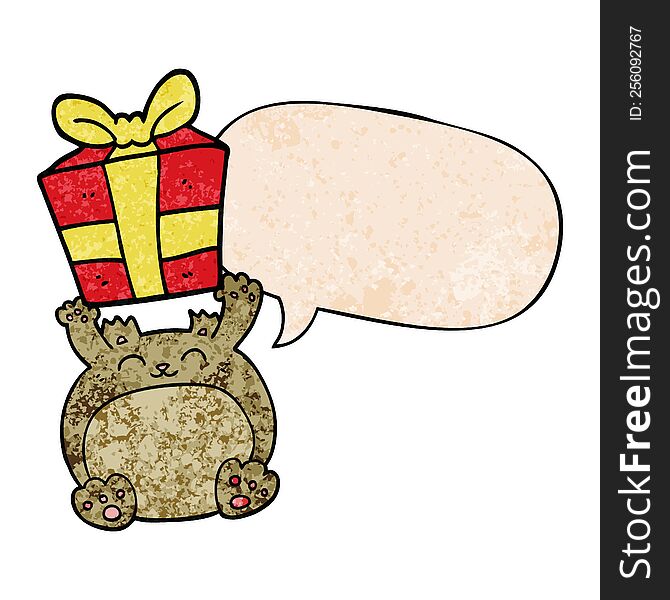 Cute Cartoon Christmas Bear And Speech Bubble In Retro Texture Style