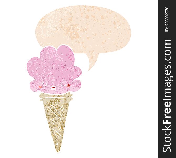 Cartoon Ice Cream With Face And Speech Bubble In Retro Textured Style