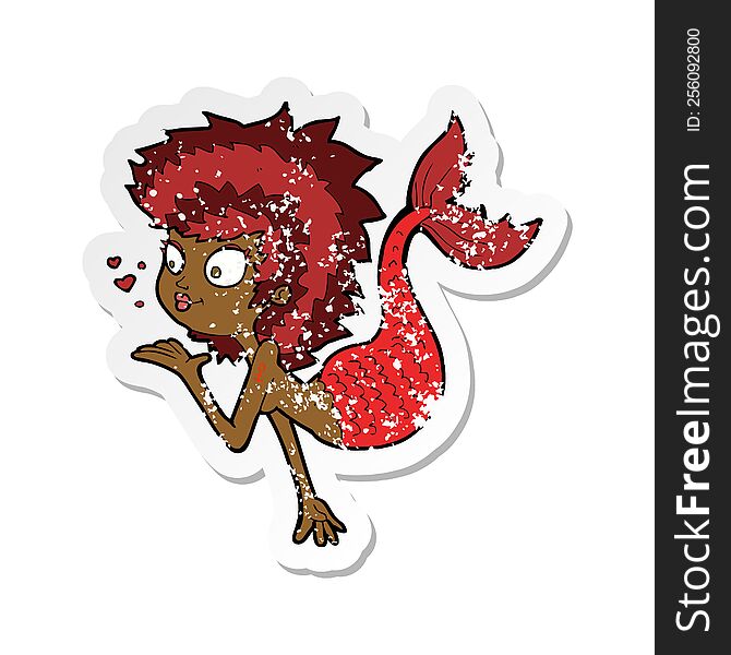 retro distressed sticker of a cartoon mermaid blowing a kiss