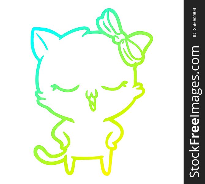cold gradient line drawing of a cartoon cat with bow on head and hands on hips
