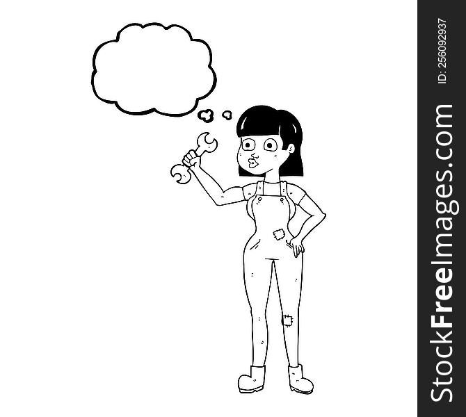 freehand drawn thought bubble cartoon mechanic woman