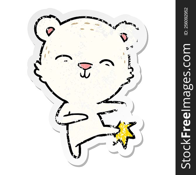 distressed sticker of a happy cartoon polar bear kicking