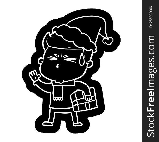 Cartoon Icon Of A Man Sweating Wearing Santa Hat