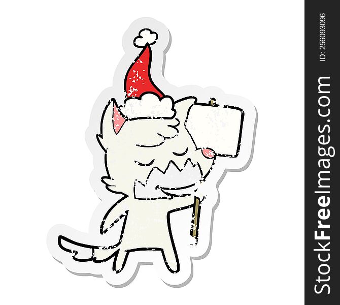 Friendly Distressed Sticker Cartoon Of A Fox Wearing Santa Hat