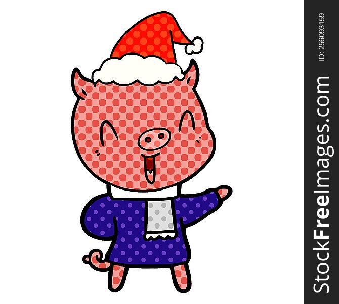 happy hand drawn comic book style illustration of a pig in winter clothes wearing santa hat