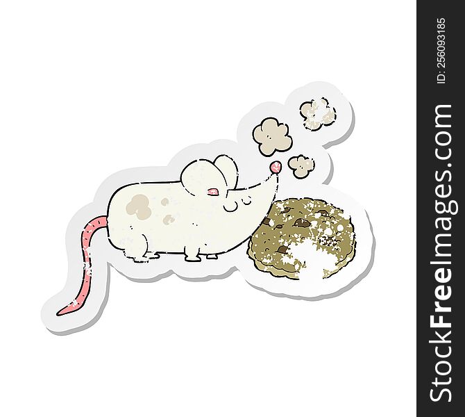 retro distressed sticker of a cute cartoon mouse and cookie
